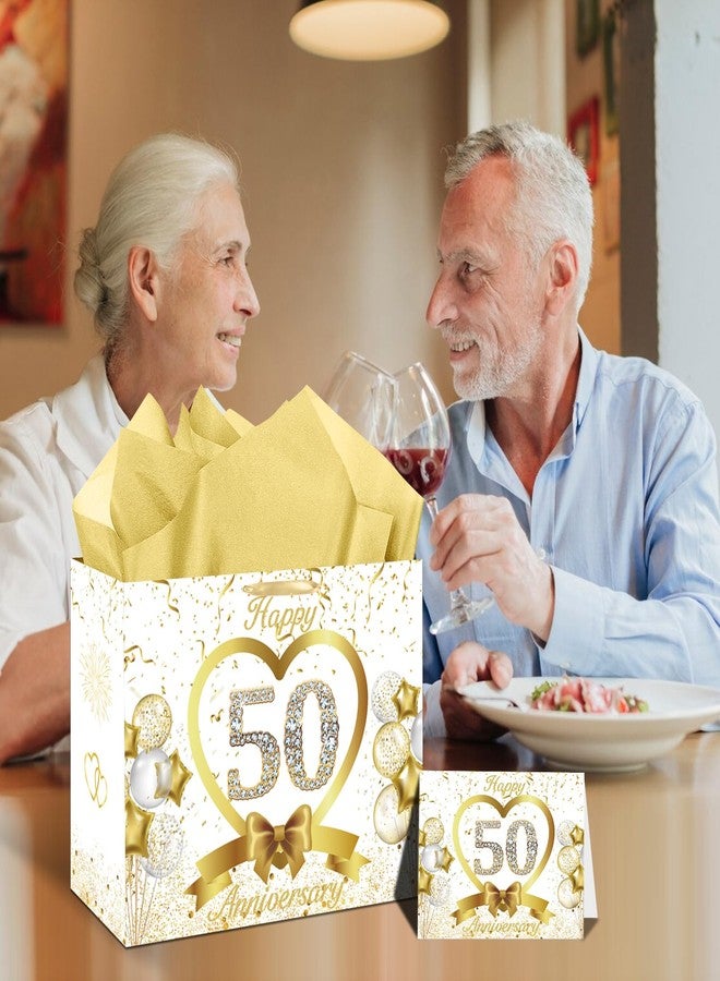 GOLDCROW White Gold 50th Wedding Anniversary Paper Gift Bag Large Happy 50th Anniversary Party Gift Wrapping Bag with Tissue Papers and Card 50th Wedding Anniversary Party Decorations - Image 5